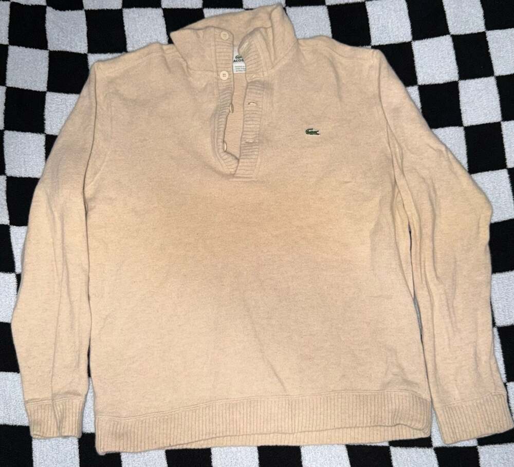 Lacoste Vintage Beige Quarter-Button Mock Neck Cotton Sweater